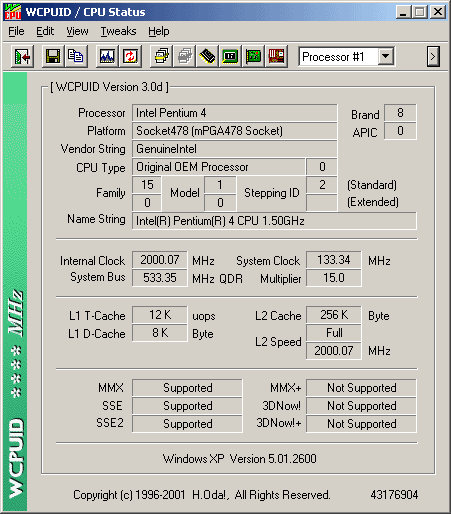 Pentium 4 2 ГГц на шине 533 МГц по WCPUid