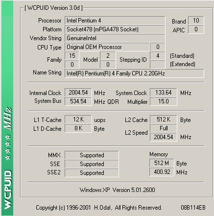 P4 Northwood 2.0 GHz on FSB 133 MHz with PC800 
