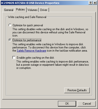 Настройка кэширования записи на диск под Windows XP