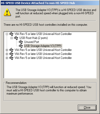 Результаты теста HDTach 2.61 для работы диска по USB 1.1 - предупреждение