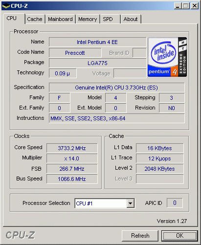 ���������� � ����� ���� (�� ������� Pentium 4 Extreme Edition 3.73 ���) �� ������ ������� CPU-Z 1.27