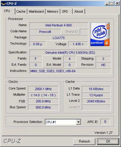 ��������� Intel Pentium 4 660 � ���������� � ��� �� ��������� CPU-Z
������� ������� ���� 2,8 ��� ��������������� � ������ ���������� EIST