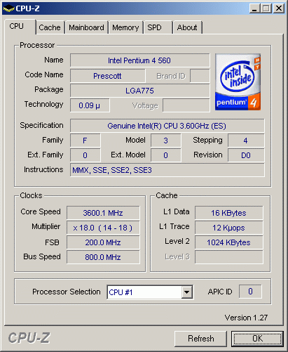 ��������� Intel Pentium 4 560 � ���������� � ��� �� ��������� CPU-Z