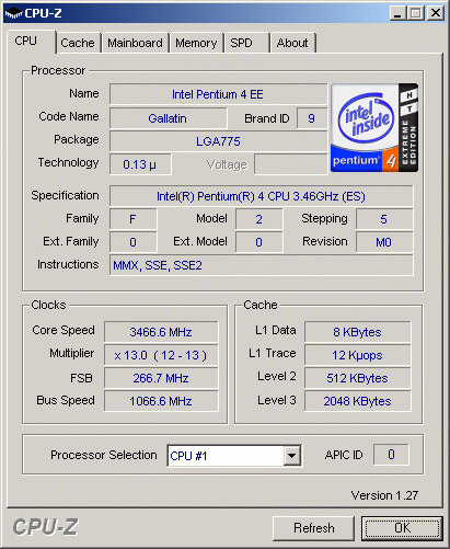 ��������� Intel Pentium 4 Extreme Edition 3,47 ��� � ���������� � ��� �� ��������� CPU-Z