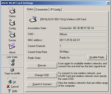 ASUS WLAN Wireless Setting - Status