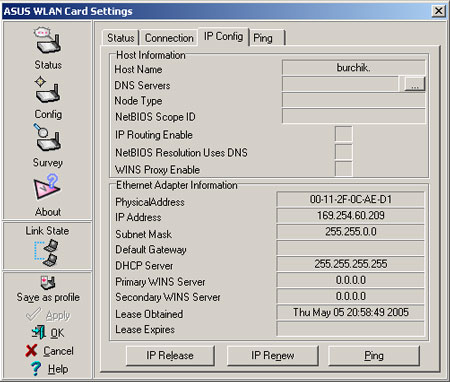 ASUS WLAN Wireless Setting - IP Config