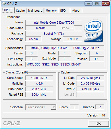 Acer Aspire 5920: процессор Intel Core 2 Duo T7300