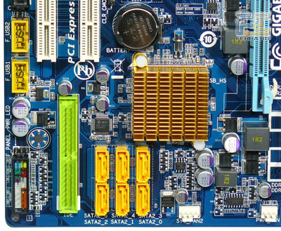 Радиатор на южном мосте, разъемы SATA, IDE, гребенки USB и FrontPanel, превью