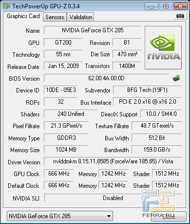 Характеристики BFG GeForce GTX 285 OC