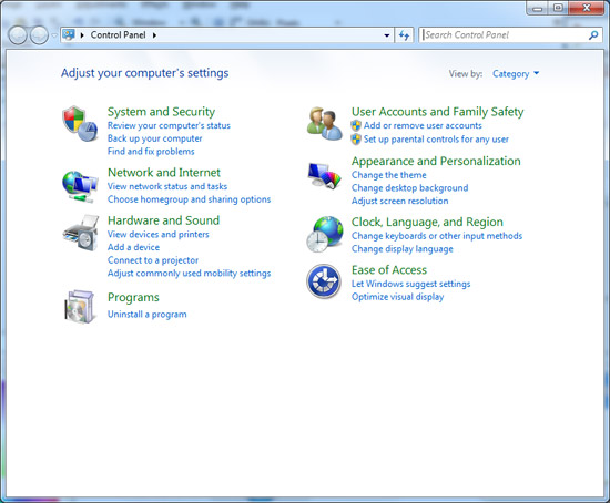 Распределение элементов Панели управления по группам