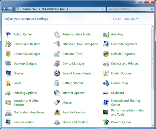 Вывод всех элементов Панели управления