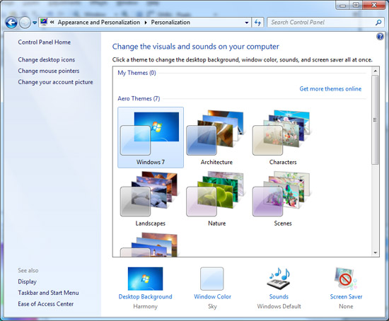 Настройка персонализации в Windows 7