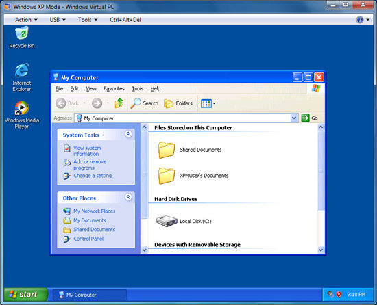 Virtual PC с запущенным XP Mode