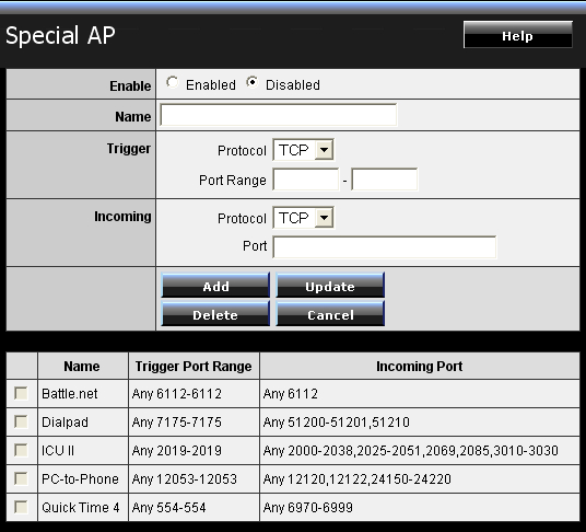Special AP предназначен для приложений, создающих посредством роутер TRENDNet в то же время невпроворот соединений с интернет-адресами по множеству портов (например, онлайн-игры)