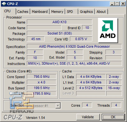 Скриншот CPU-Z AMD Phenom II X920BE в простое