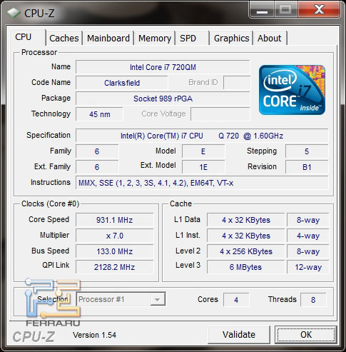 Скриншот CPU-Z Intel Core i7-720QM в простое