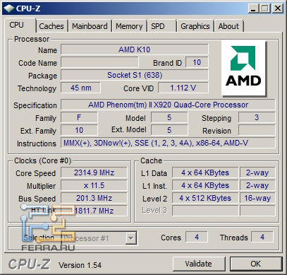Скриншот CPU-Z AMD Phenom II X920BE под нагрузкой