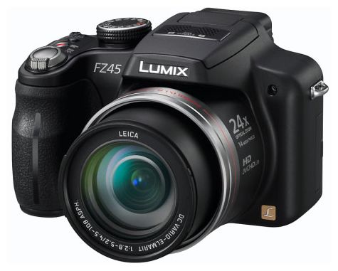 Lumix FZ45 - вид спереди: объектив, рукоятка, встроенная вспышка, кнопка спуска