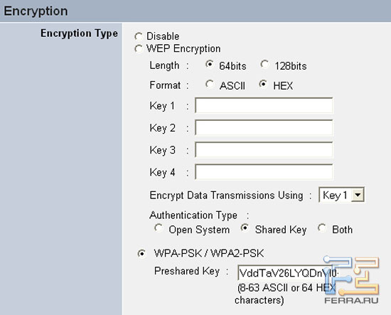Обратите внимание, что по умолчанию выбрана опция ключа Both, которую при выборе WPA-PSK надо поменять на Shared