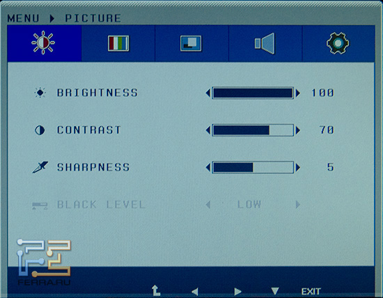 Регулировки 
яркости, контраста и резкости интуитивны и понятны
