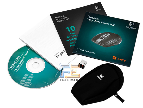 Чехол, приемник Unifying, диск и инструкции из комплекта поставки Logitech Anywhere MX