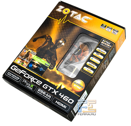 Лицевая сторона коробки Zotac GeForce GTX 460 AMP!; примерно так выглядят упаковки большинства продуктов компании