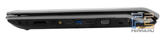 Левый торец ASUS N73Jq: аудио разъемы, карт-ридер, ТВ-вход, HDMI, USB 3.0, eSATA, D-SUB, Kensington Lock, разъем питания