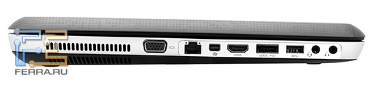 Левый торец HP ENVY 17 3D: D-SUB, RJ-45, Mini DisplayPort, HDMI, eSATA, USB 3.0, аудио разъемы