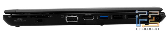 Правый торец Sony VAIO S: карт-ридер, Kensington Lock, D-SUB, HDMI, три USB, RJ-45, разъем питания