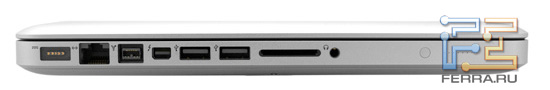 Левая боковина Apple MacBook Pro 13,3: MagSafe, RJ-45, FireWire-800, Thunderbolt, два USB, карт-ридер, аудио выход/вход, индикатор заряда аккумулятора