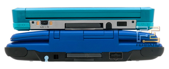 Верхний торец Nintendo 3DS и Nintendo DS. Опять же, обратите внимание на габариты консолей