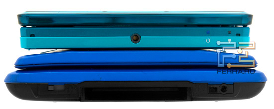 Передняя грань консолей Nintendo 3DS и DS. Обратите внимание на новинку - она специально собрана из пластика трех разных оттенков одного цвета