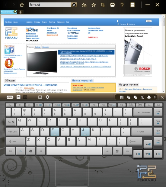 Браузер TouchBrowser на Acer Iconia с экранной клавиатурой