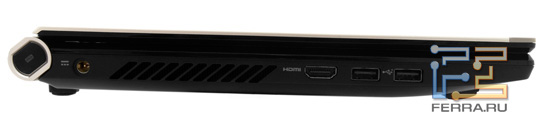 Левый торец Acer Iconia: разъем питания, HDMI, два USB