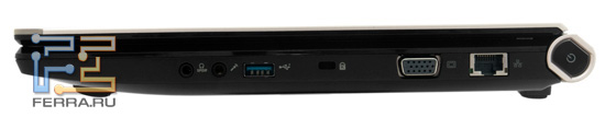 Правый торец Acer Iconia: аудио разъемы, USB, Kensington Lock, D-SUB, RJ-45
