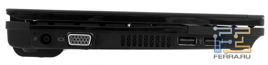 Левая грань HP Mini 5103: разъем питания, D-SUB, два USB