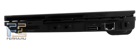 Правая грань HP Mini 5103: карт-ридер, два аудио разъема, USB, RJ-45, Kensington Lock