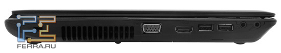 Левый торец ASUS U30SD: Kensington Lock, D-SUB, HDMI, USB, аудио разъемы