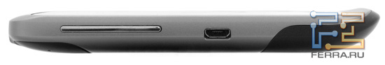 Левая боковая грань HTC Desire S: разъем micro-USB и кнопка регулировки громкости