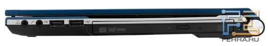 Правый торец Acer Aspire 4830TG: аудио разъемы, два USB, разъем питания, оптический привод
