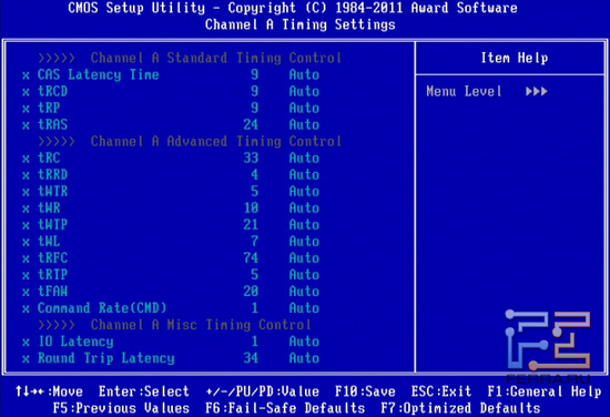 Тайминги памяти BIOS Setup материнской платы Gigabyte GA-Z68X-UD4-B3