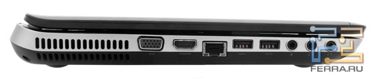 Левый торец HP Pavilion dv6-6051er: D-SUB, HDMI, RJ-45, два USB (версии 3.0), аудио разъемы