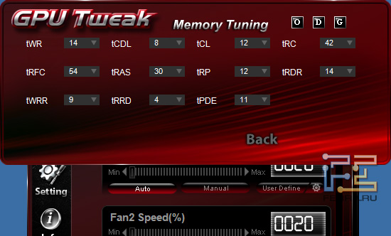 Меню настроек таймингов памяти в ASUS GPU Tweak