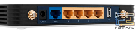 Порт WAN для подключения к домовой сети или ADSL-модему и порты LAN - разного цвета