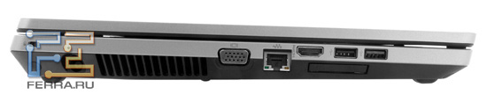 Левый торец HP ProBook 4730s: Kensington Lock, разъем питания, D-SUB, RJ-45, HDMI, два USB, ExpressCard/34
