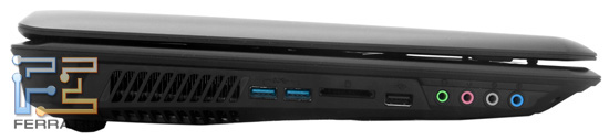 Левый торец MSI GT780R: два USB 3.0, карт-ридер, один USB 2.0, четыре аудио разъема