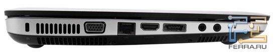 Левый торец HP Pavilion dm4-1300er: Kensington Lock, D-SUB, RJ-45, HDMI, eSATA (совмещен с USB), аудио разъемы