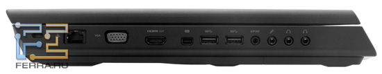 Левый торец Dell Alienware M17x R3: Kensington Lock, RJ-45, D-SUB, HDMI-Out, Mini DisplayPort, два USB 3.0, S/P DIF, вход для микрофона, два аудио выхода