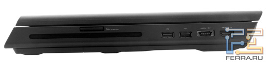 Правый торец Dell Alienware M17x R3: оптический привод, карт-ридер, два USB, eSATA (совмещен с USB), HDMI-In