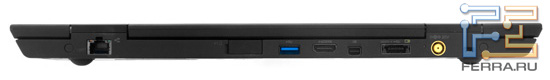 Задний торец Lenovo ThinkPad X1: RJ-45, слот для SIM-карты, USB 3.0, HDMI, Mini DisplayPort, eSATA (совмещен с USB), разъем питания, Kensington Lock